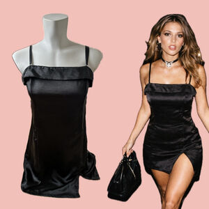 A.C.W. Black Satin Strap Dress Size L – Minimalist Slip Dress with Slit